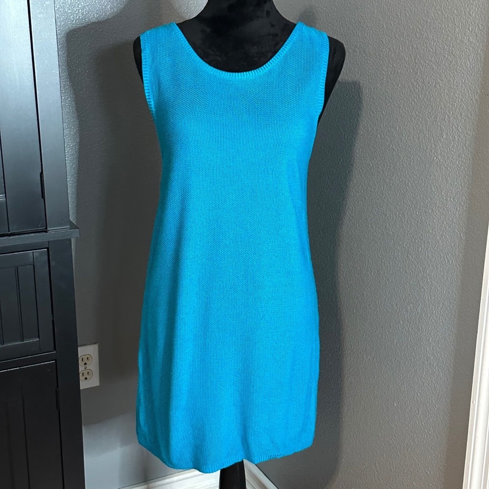 Chico's Size 1 Turquoise Sleeveless Knit Tunic Sweater Tank Top Longline Casual